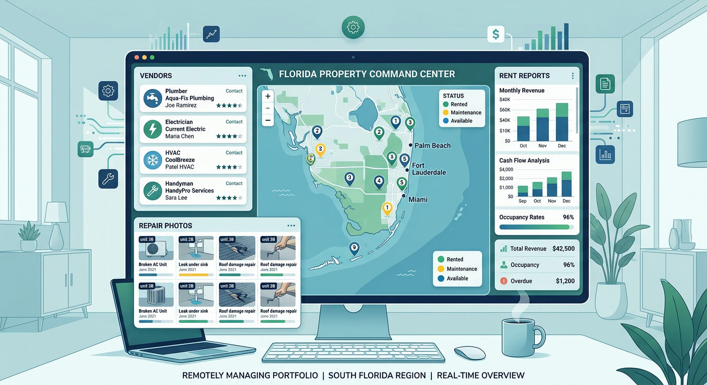 Modern editorial illustration of a remote landlord command center with a South Florida property map, vendor cards, repair ...
