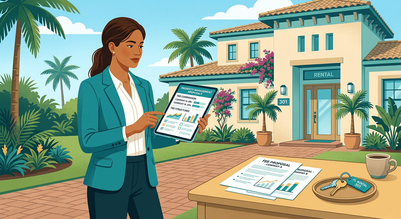 Modern editorial illustration of a landlord comparing property management fee proposals on a tablet beside a Florida renta...