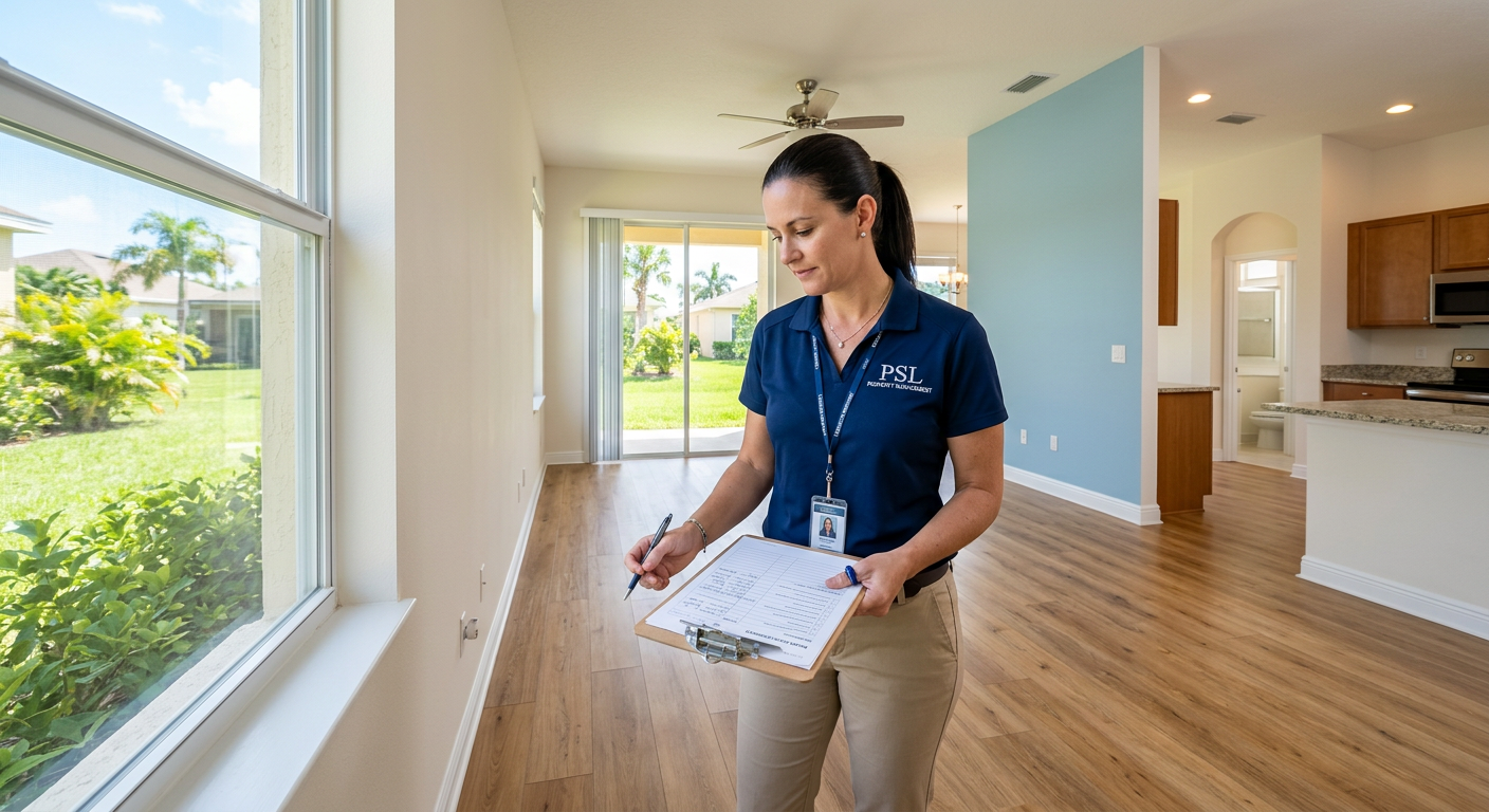 Photorealistic scene of a property manager inspecting a bright vacant rental home in Port St. Lucie, clipboard in hand, cl...