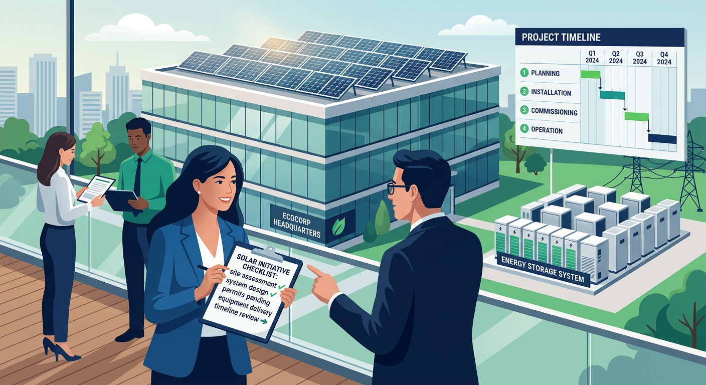 Independent Solar | How to Choose a Solar Installer for Commercial Properties Today Modern editorial illustration of a commercial building, solar panels, battery storage, checklist clipboard, and project ti...