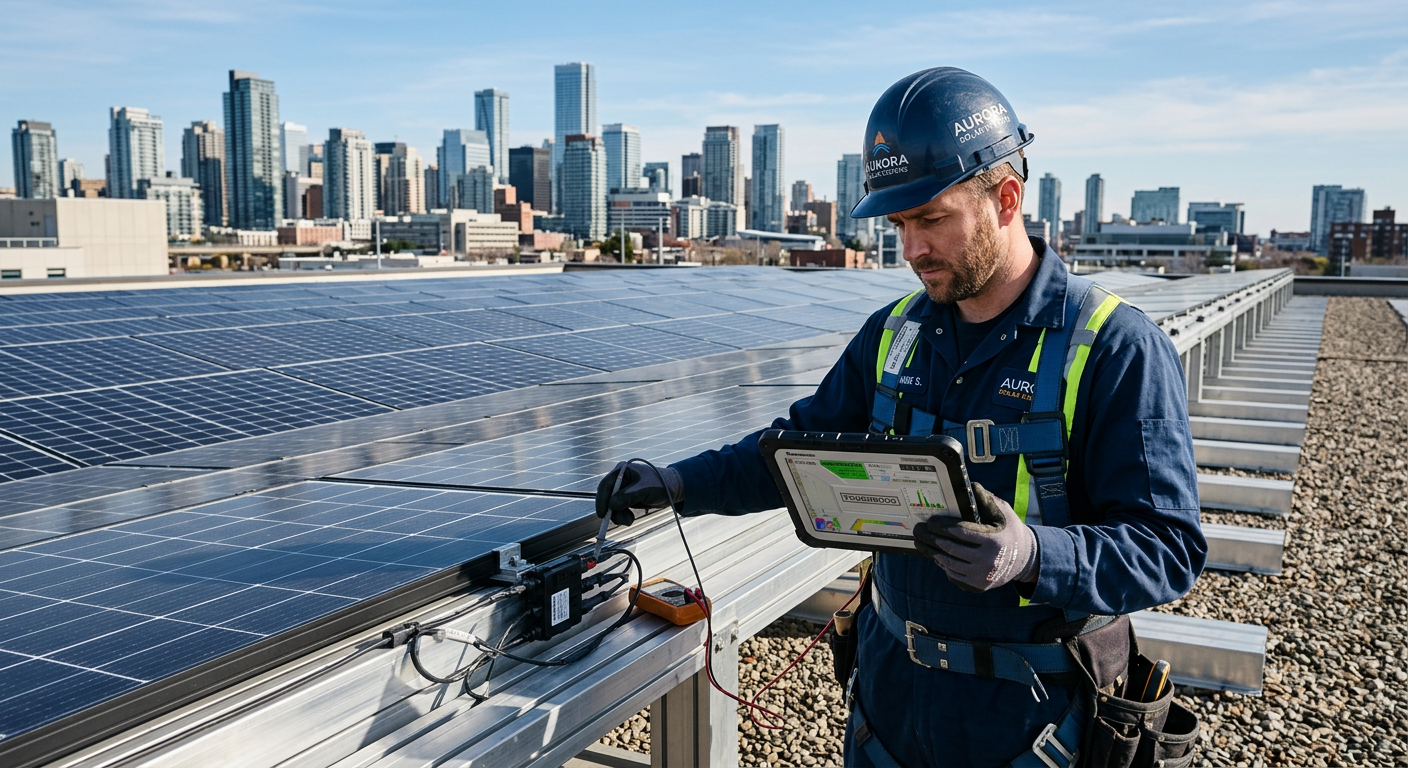 Independent Solar | How to Choose a Solar Installer for Commercial Properties Today Photorealistic close-up of a solar technician inspecting rooftop commercial solar panels with a tablet, city buildings in ...