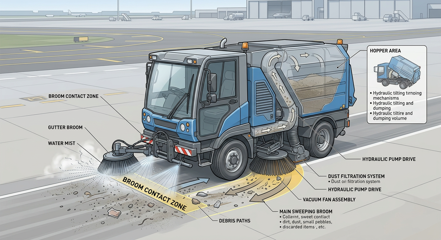 Detailed modern technical illustration of an unbranded mechanical broom sweeper cleaning a wide airport ramp with visible ...