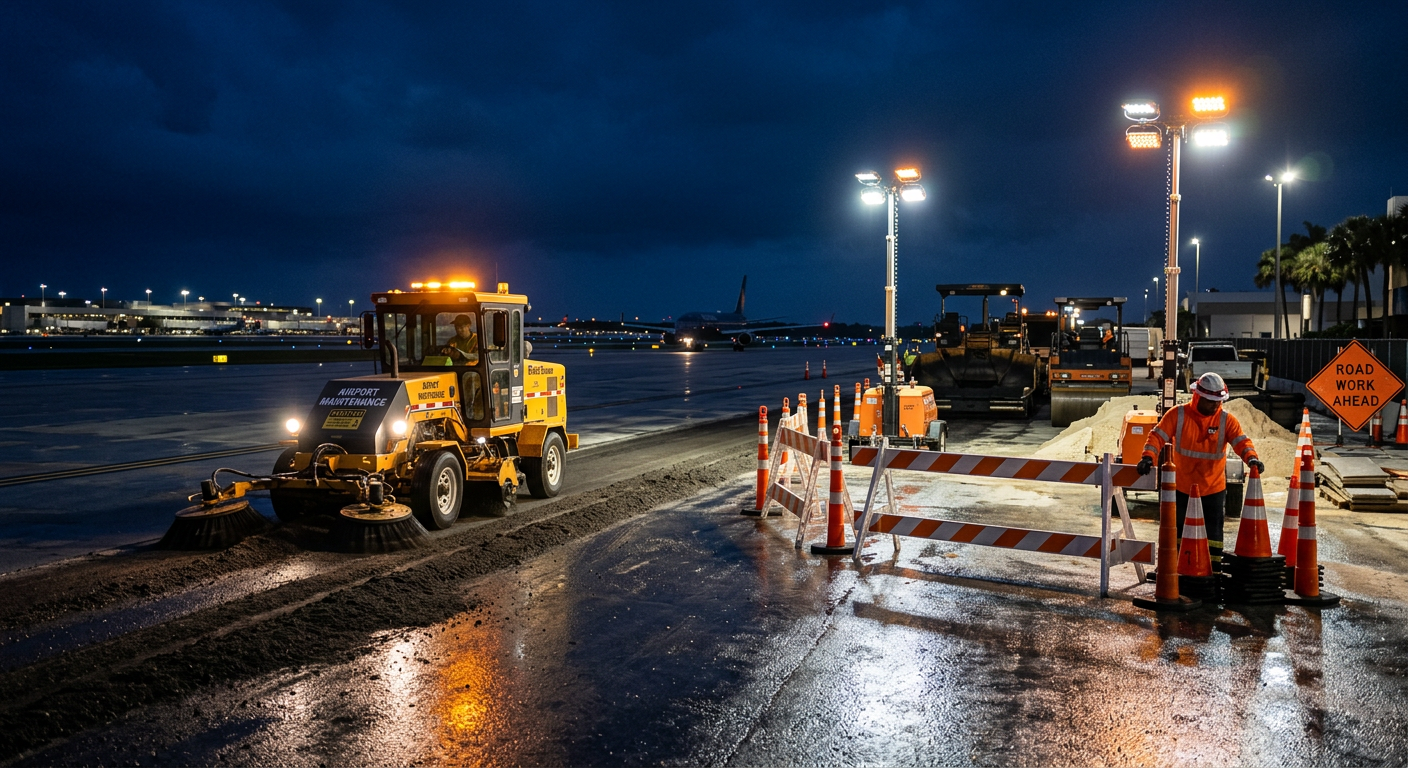 Photorealistic night maintenance scene at an unbranded Florida airport construction zone, mechanical broom sweeper clearin...