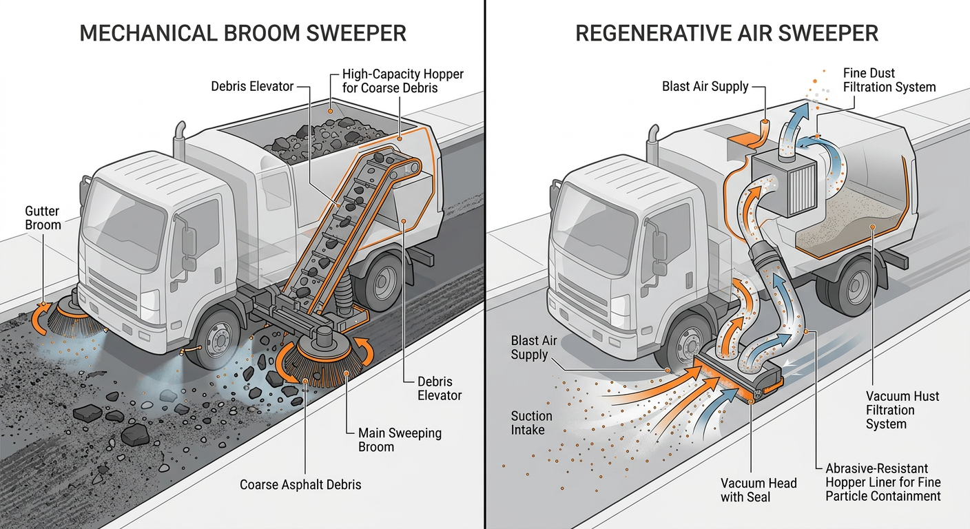 Split-view modern technical illustration showing an unbranded mechanical broom sweeper collecting coarse asphalt debris on...