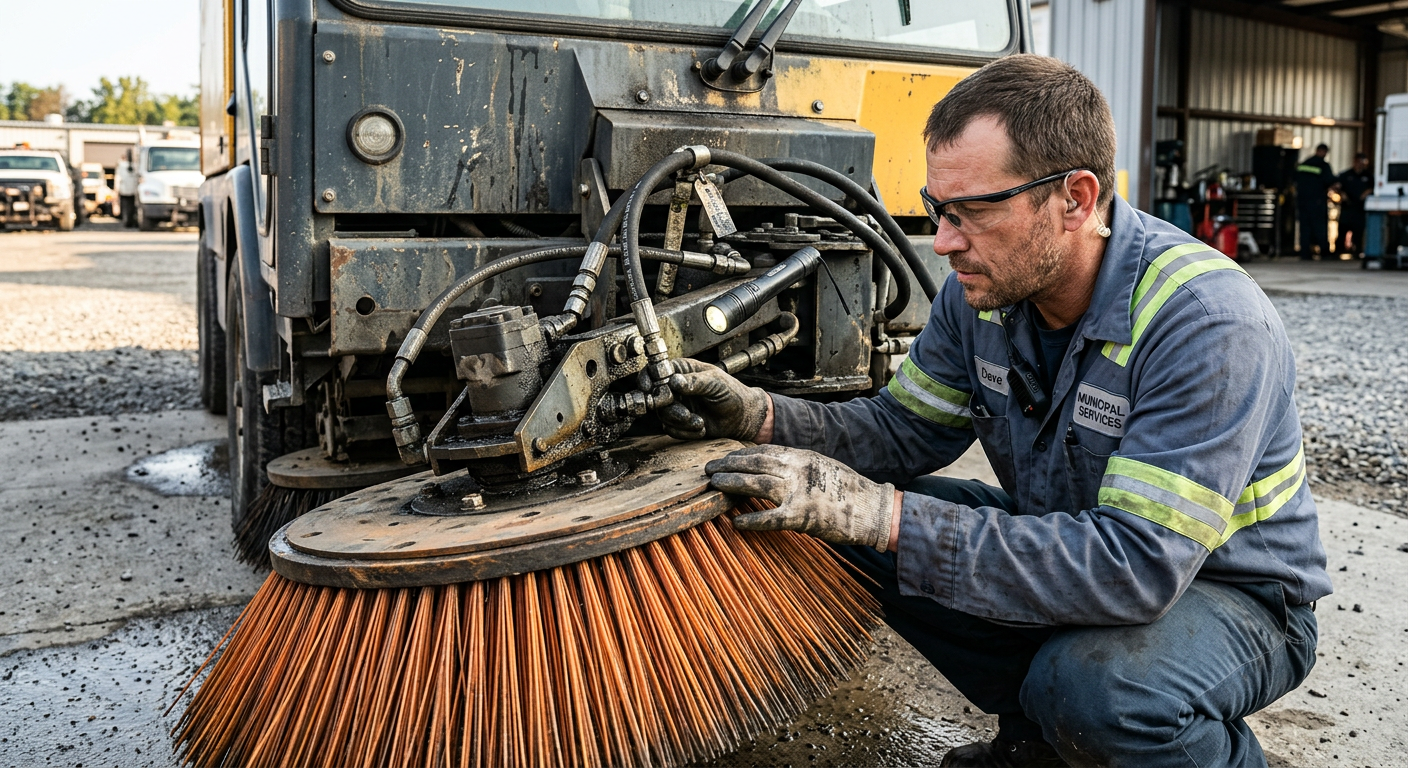 Close-up photorealistic scene of a municipal maintenance technician inspecting broom bristles and hydraulic fittings on an...