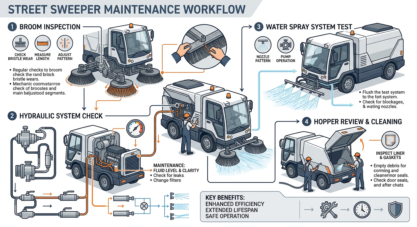 Modern technical illustration of a street sweeper maintenance workflow with neutral unbranded components, showing broom in...