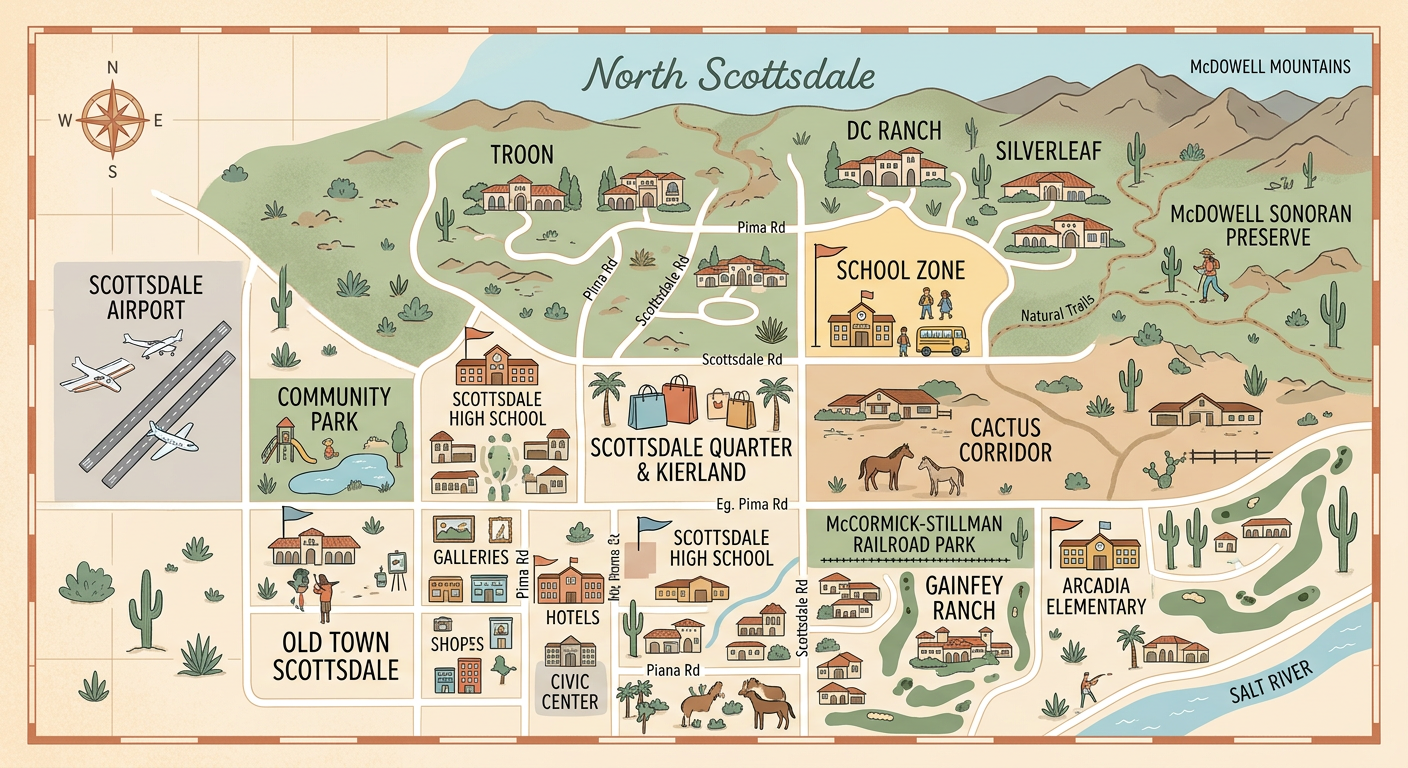 Clean modern illustrated map-style scene showing Scottsdale neighborhoods, school zones, family homes, desert roads, and l...