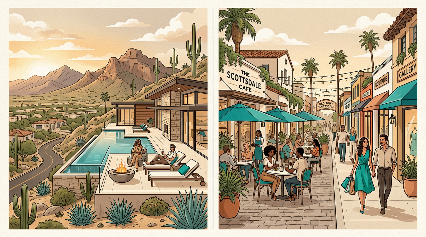 Modern editorial illustration showing two Scottsdale lifestyle scenes side by side, one with desert foothills and luxury h...