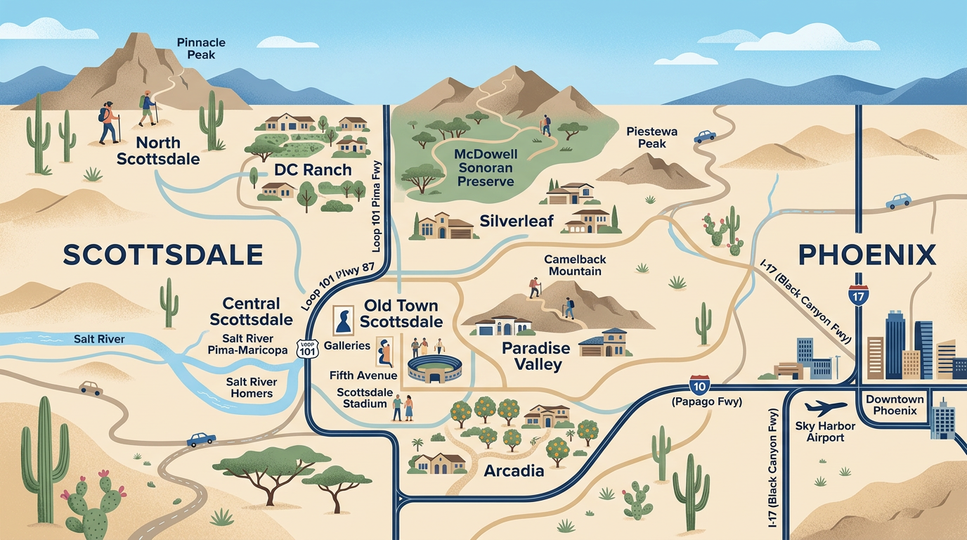 Modern illustrated map-style scene of Scottsdale neighborhoods connecting to Phoenix by desert roads and freeways, subtle ...