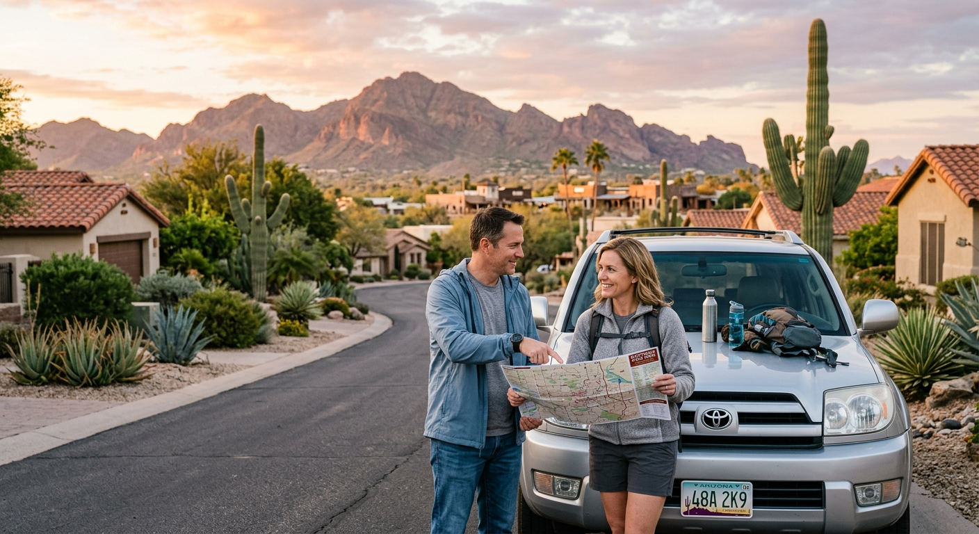 Photorealistic Scottsdale neighborhood decision scene with a couple reviewing a map beside a car, desert mountains in the ...