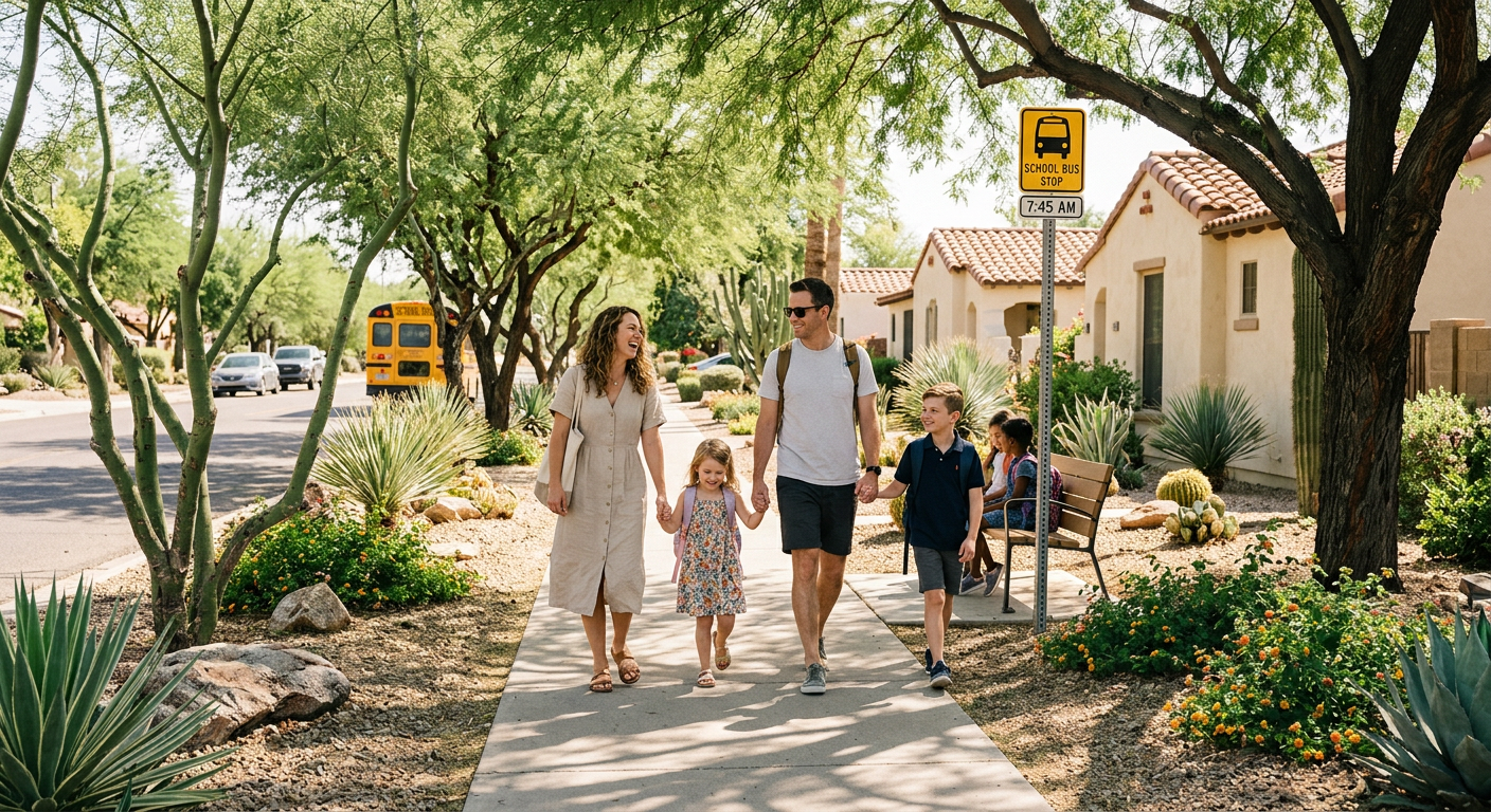 Photorealistic lifestyle image of parents and children walking on a shaded Scottsdale neighborhood sidewalk near a school ...