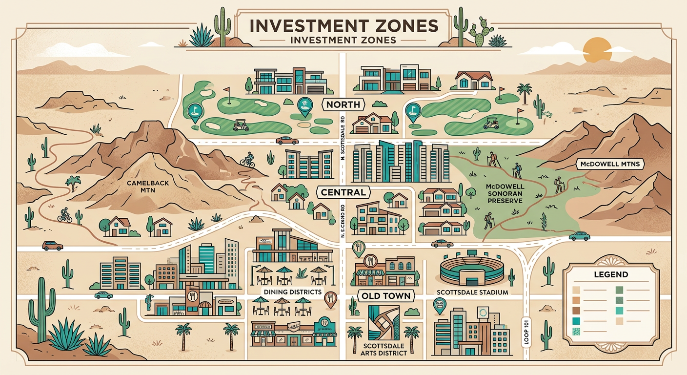 Modern illustrated map-style scene of Scottsdale investment zones with homes, condos, golf fairways, desert trails, and di...