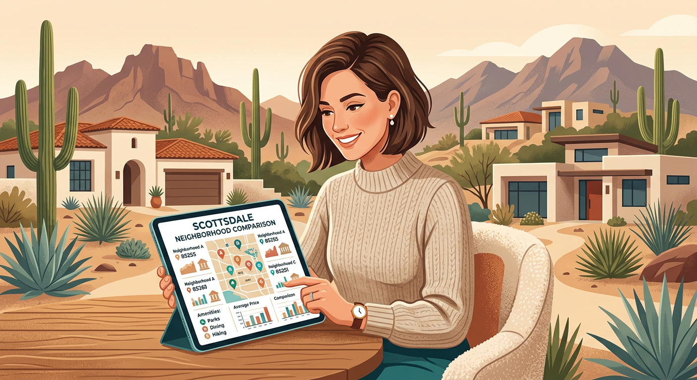 Modern editorial illustration of a Scottsdale homebuyer comparing neighborhood options on a tablet with desert homes, zip ...