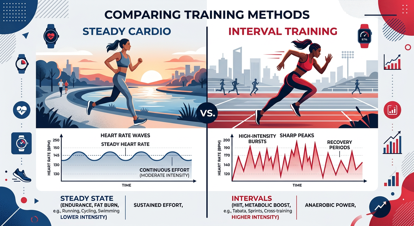 Modern split-screen editorial illustration comparing steady cardio and interval training, left side showing smooth heart-r...