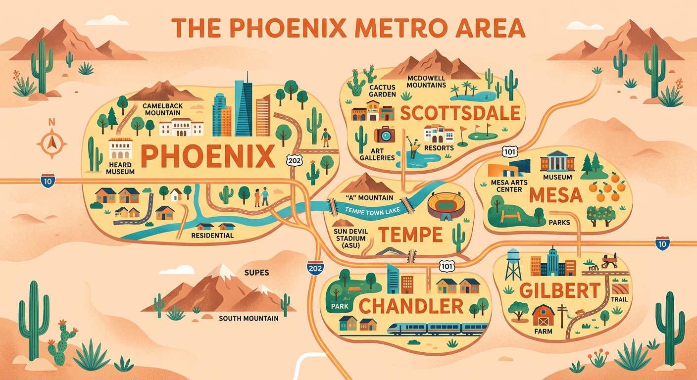 Modern illustrated map-style scene of the Phoenix metro area showing Scottsdale, Phoenix, Tempe, Chandler, Gilbert, and Me...