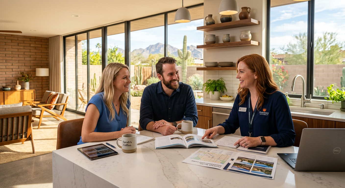 Photorealistic scene of a friendly real estate consultation at a kitchen island with a couple reviewing Phoenix metro neig...