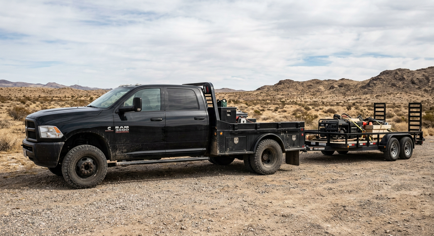 A black Ram 3500 dually work truck with a flatbed setup parked outdoors near a utility trailer, photorealistic style, prac...