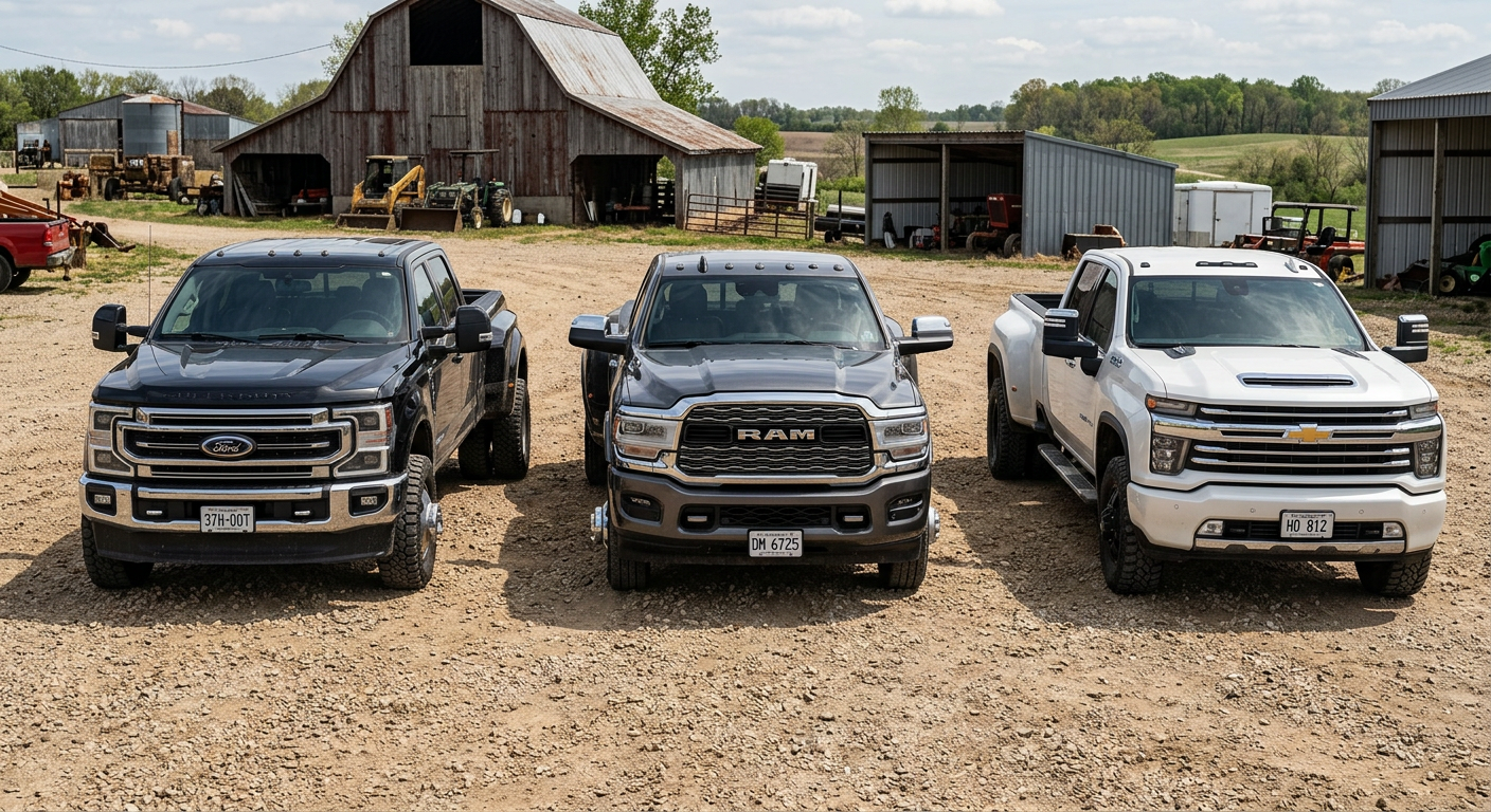 A lineup of three heavy-duty diesel trucks, Ford Super Duty, Ram 3500 dually, and Chevrolet Silverado HD, parked on a grav...