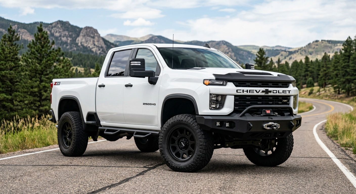 A custom lifted Chevrolet Silverado 2500HD parked outdoors on a paved road, photorealistic automotive editorial style, cle...