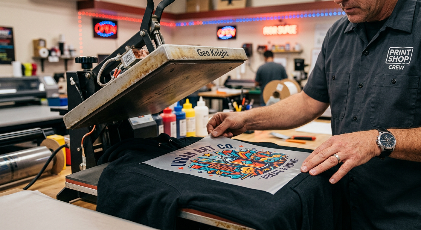 Close-up photorealistic scene of hands aligning a colorful DTF transfer on a black hoodie under a heat press, clean print ...