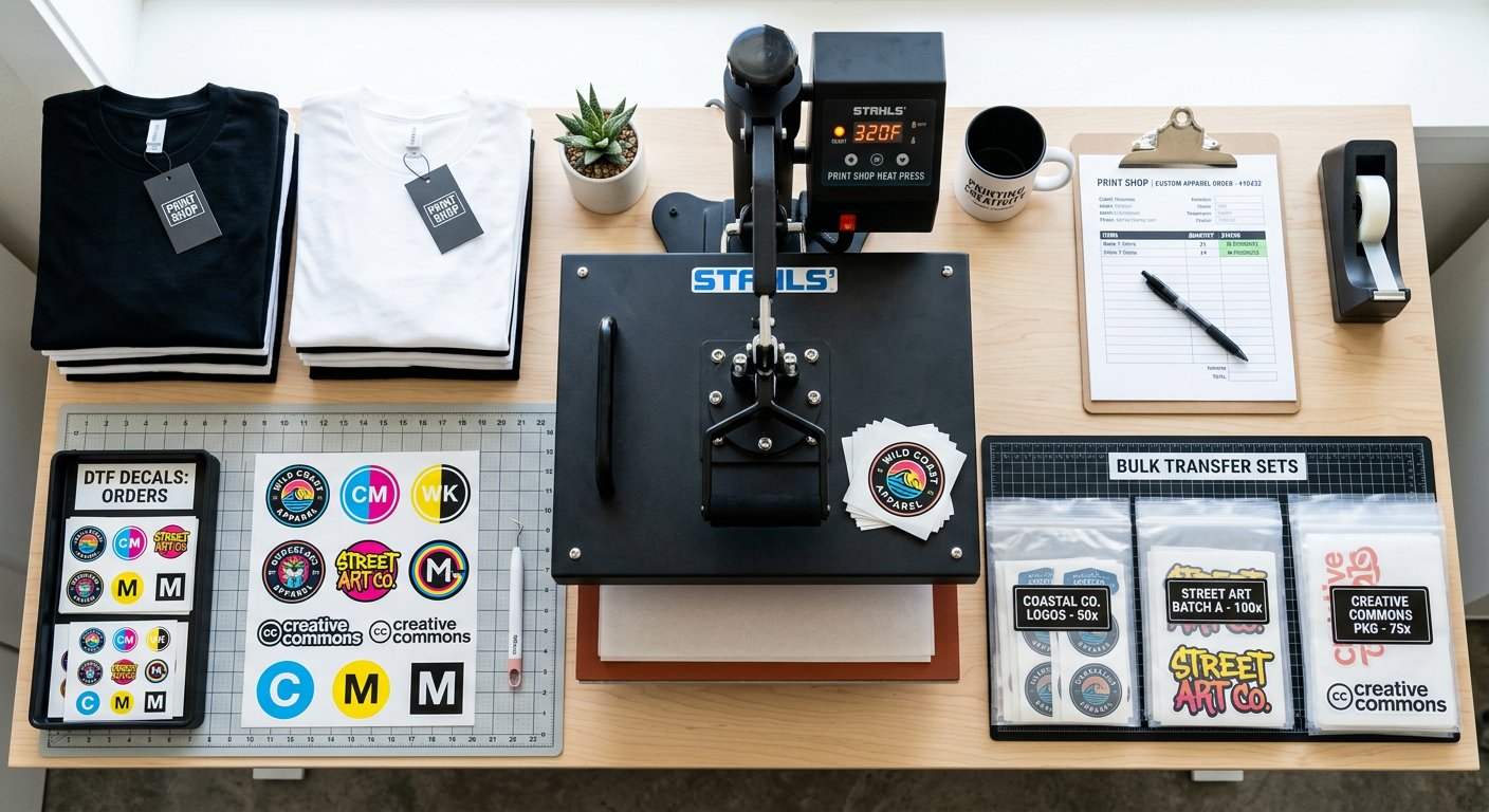 Modern overhead photo of a print shop workbench showing labeled DTF decals, folded blank shirts, a heat press, order sheet...