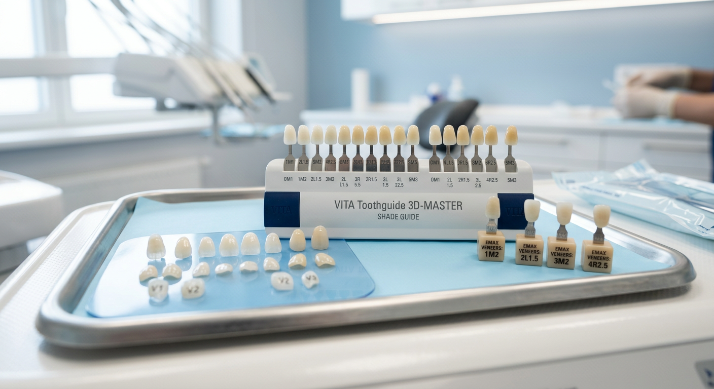 Veneers vs Lumineers Cost: Scottsdale Smile Guide for 2026 | Scottsdale Dentist | Cosmetic & Family Dentist 85250 Close-up photorealistic image of porcelain veneer samples and ultra-thin veneer shells beside a natural tooth shade guide ...