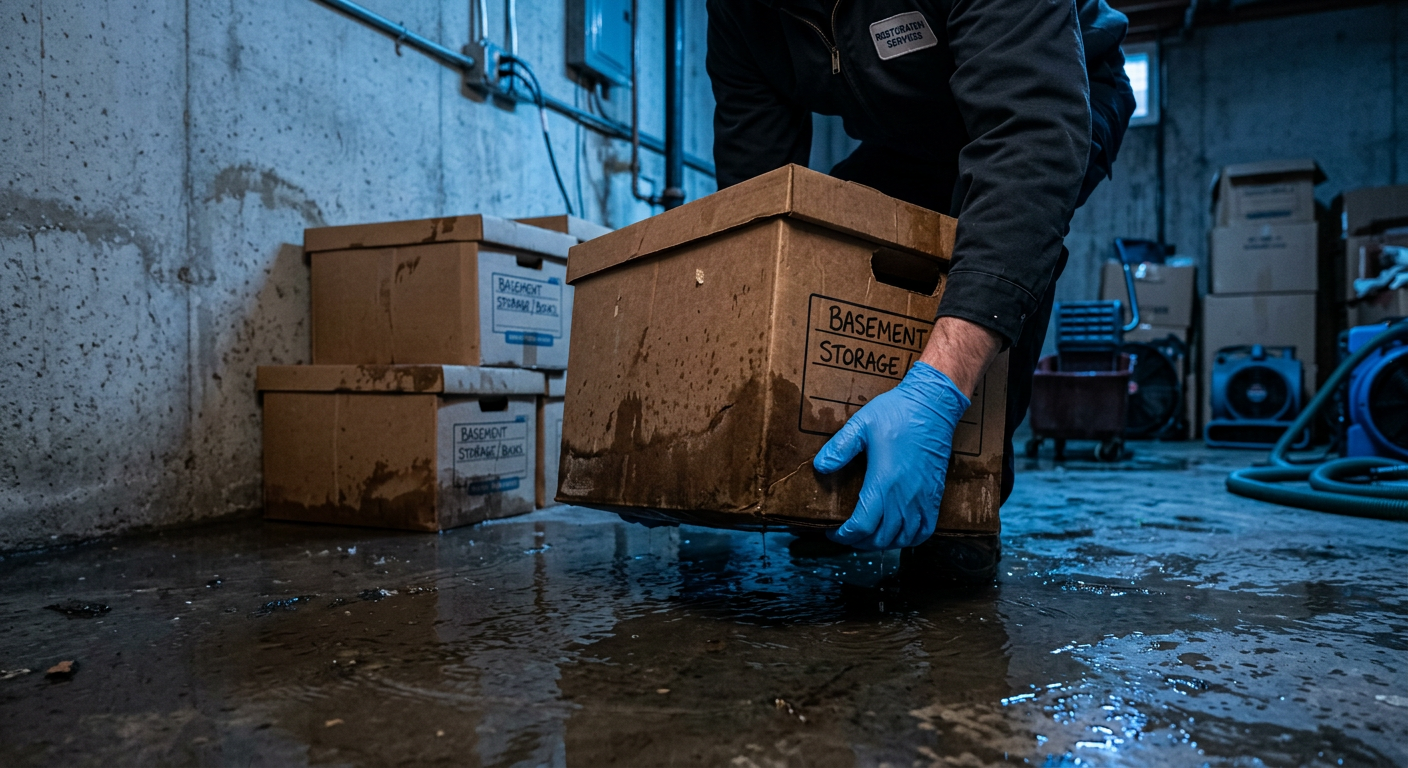 How to Clean Up Flooded Basement Floor After Aspen Flooding | Water Damage Cleanup & Restoration Company in Aspen | Helpers Photorealistic close-up of gloved hands lifting damp storage boxes from a basement floor near shallow standing water, clea...