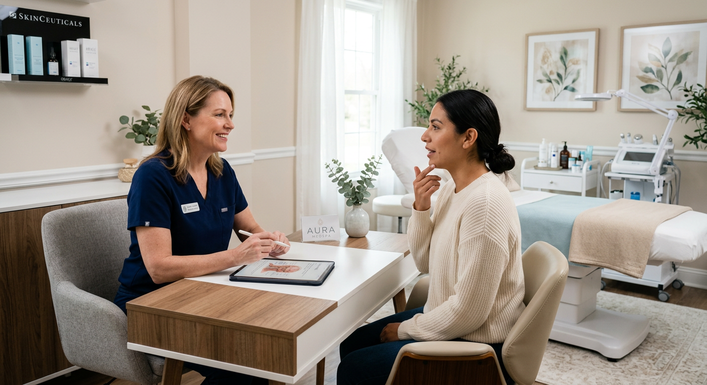 How to Stop Hormonal Facial Hair Growth Safely in Phoenix Now | Electrolysis Permanent Hair Removal in Phoenix | Senza Pelo Med Spa Modern medical spa treatment room with a professional consultation scene, client speaking with a provider about facial hai...
