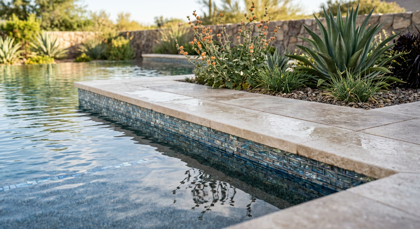Luxury Outdoor Living Design Scottsdale: Elegant Pool Spaces Close-up photorealistic scene of premium pool materials for a Scottsdale backyard, glass waterline tile, honed stone copin...