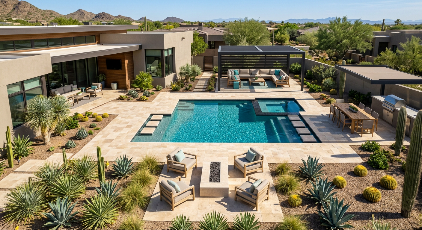 Luxury Outdoor Living Design Scottsdale: Elegant Pool Spaces Photorealistic overhead view of a Scottsdale luxury backyard divided into pool, spa, shaded lounge, outdoor dining, and fi...