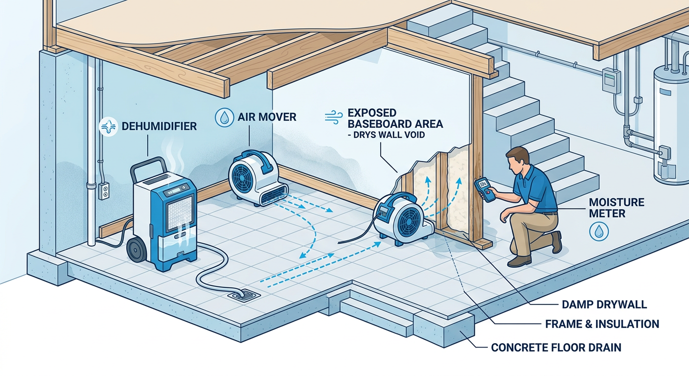 How to Clean Up Flooded Basement Floor After Aspen Flooding | Water Damage Cleanup & Restoration Company in Aspen | Helpers Modern cutaway-style illustration of a basement drying setup with air movers, dehumidifier, moisture meter, exposed basebo...