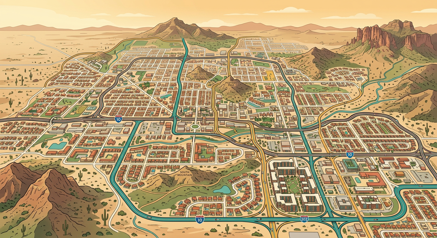 Fastest Growing Zip Codes in Phoenix for Buyers and Sellers in 2026 Modern illustrated map-style view of Phoenix metro growth corridors, showing desert neighborhoods, homes, apartments, free...