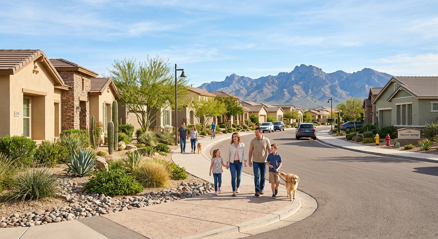 Fastest Growing Zip Codes in Phoenix for Buyers and Sellers in 2026 Photorealistic street-level scene of a new Phoenix-area master-planned community with desert landscaping, single-family ho...