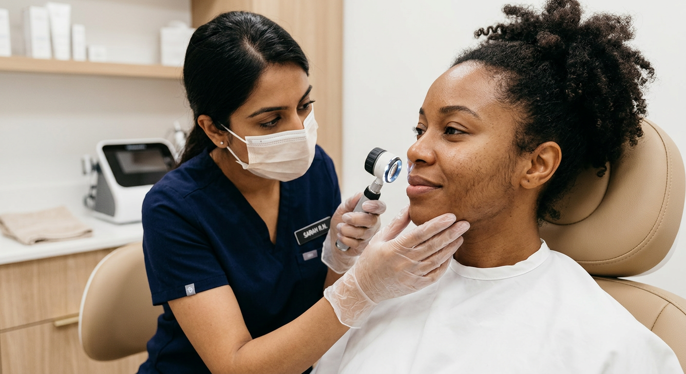 Transgender Facial Hair Removal Options for Lasting Confidence | Electrolysis Permanent Hair Removal in Phoenix | Senza Pelo Med Spa Photorealistic close-up of a professional facial hair removal consultation with gloved provider reviewing skin and hair ty...