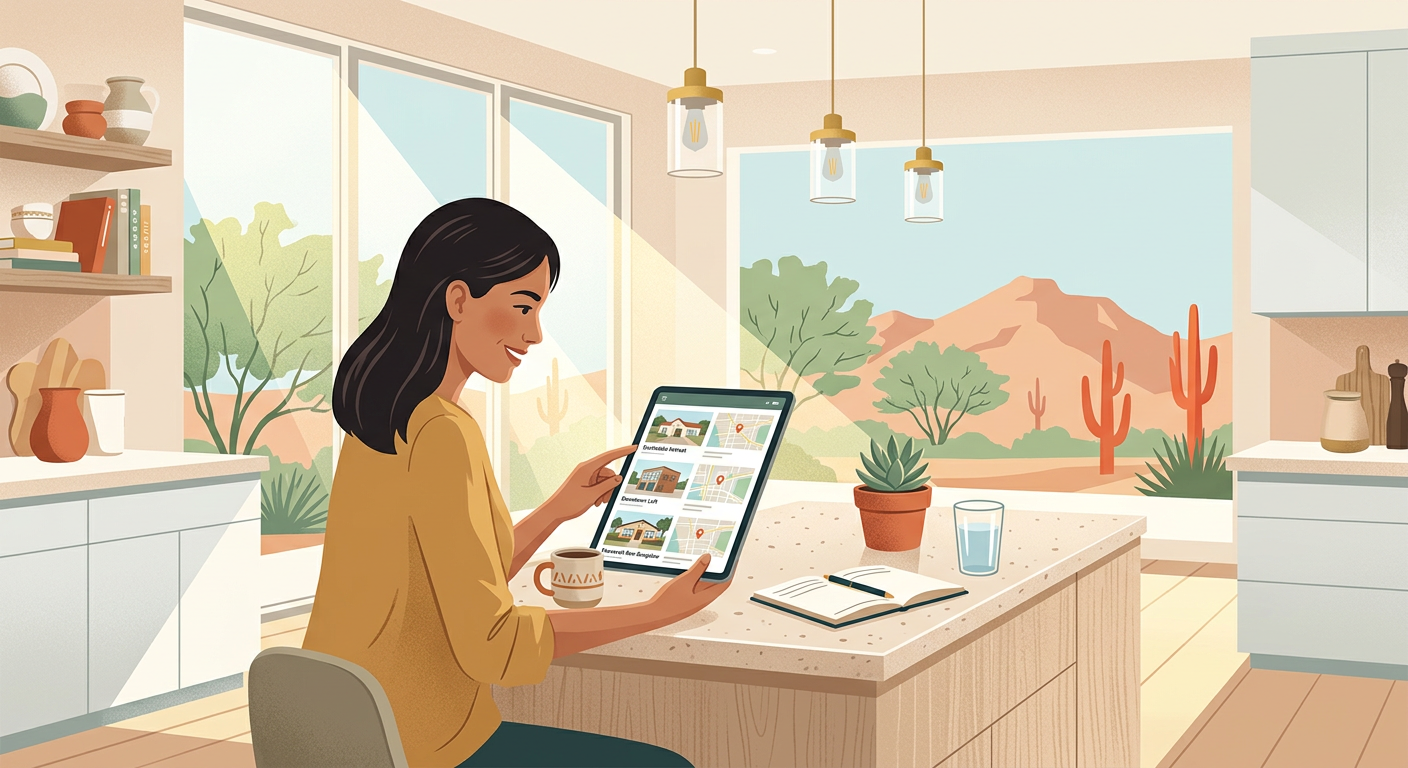 Is It a Good Time to Buy a House in Phoenix? 2026 Market Guide Modern editorial illustration of a Phoenix buyer reviewing neighborhood home listings on a tablet at a kitchen island, cle...