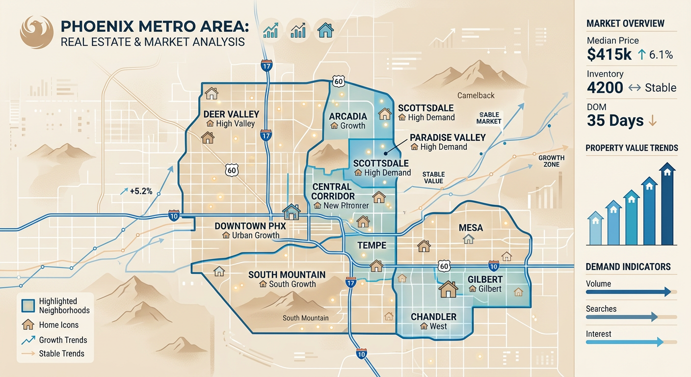 Is It a Good Time to Buy a House in Phoenix? 2026 Market Guide Clean data-inspired illustration of a Phoenix map with highlighted neighborhoods, small home icons, subtle upward and side...