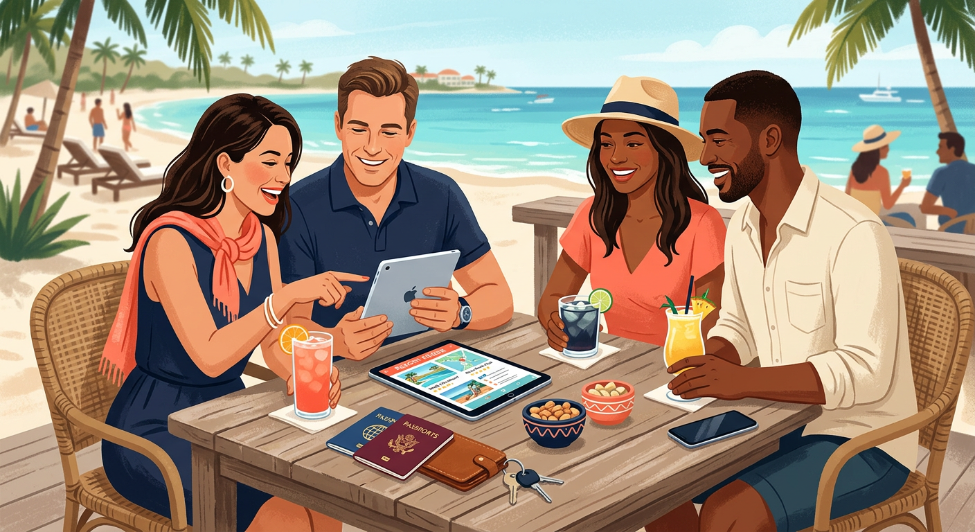 Modern editorial travel illustration showing two adult couples comparing resort options on a tablet beside cocktails and p...