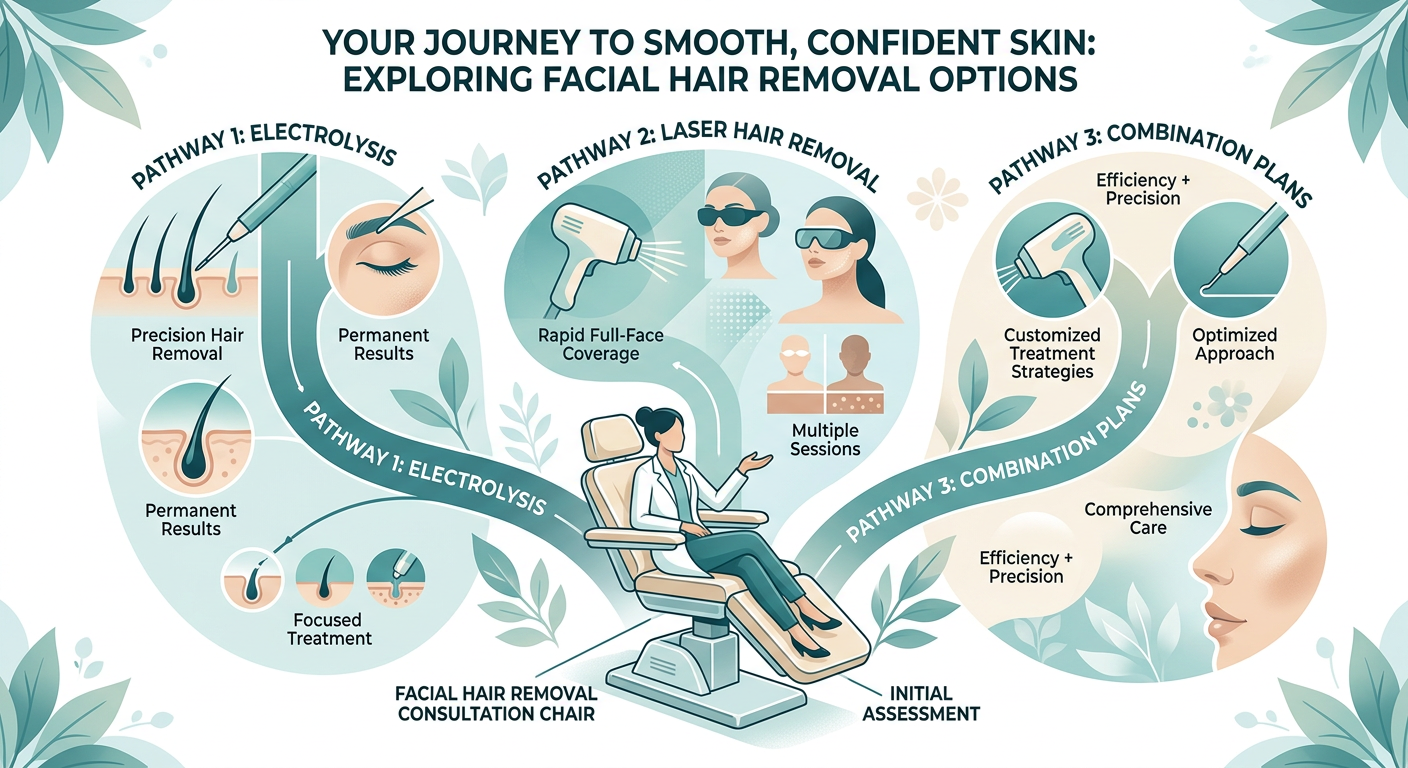 Transgender Facial Hair Removal Options for Lasting Confidence | Electrolysis Permanent Hair Removal in Phoenix | Senza Pelo Med Spa Modern editorial illustration of three facial hair removal pathways branching from one consultation chair, representing el...