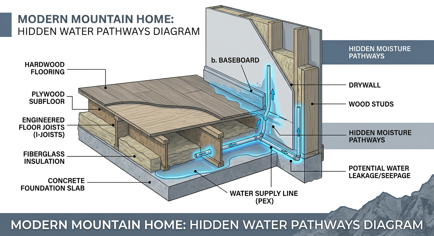 Modern illustrative cutaway of a mountain home wall and floor showing hidden water paths beneath flooring and behind baseb...