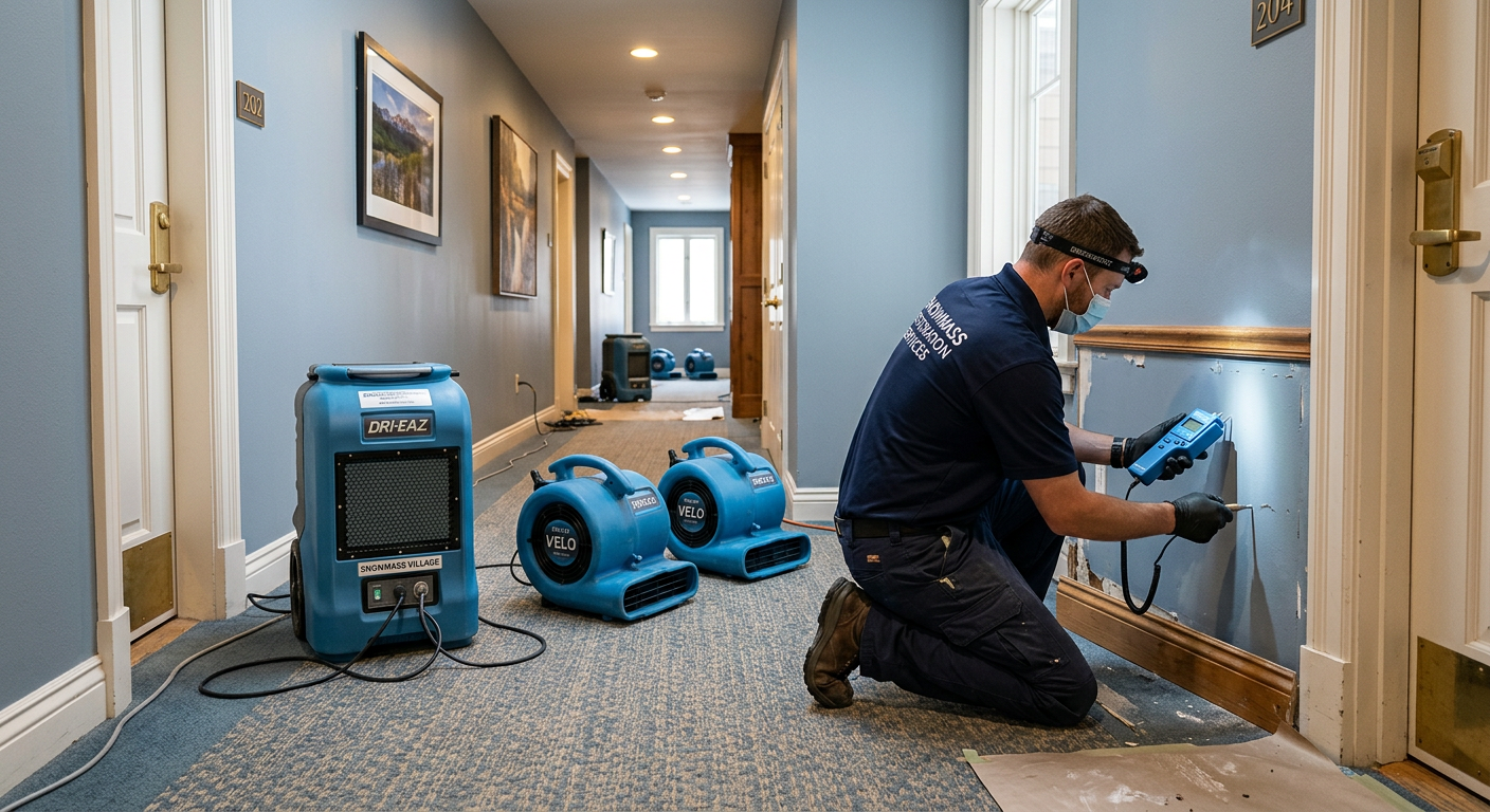 Photorealistic interior view of a Snowmass Village condo hallway with controlled water extraction equipment, air movers, a...