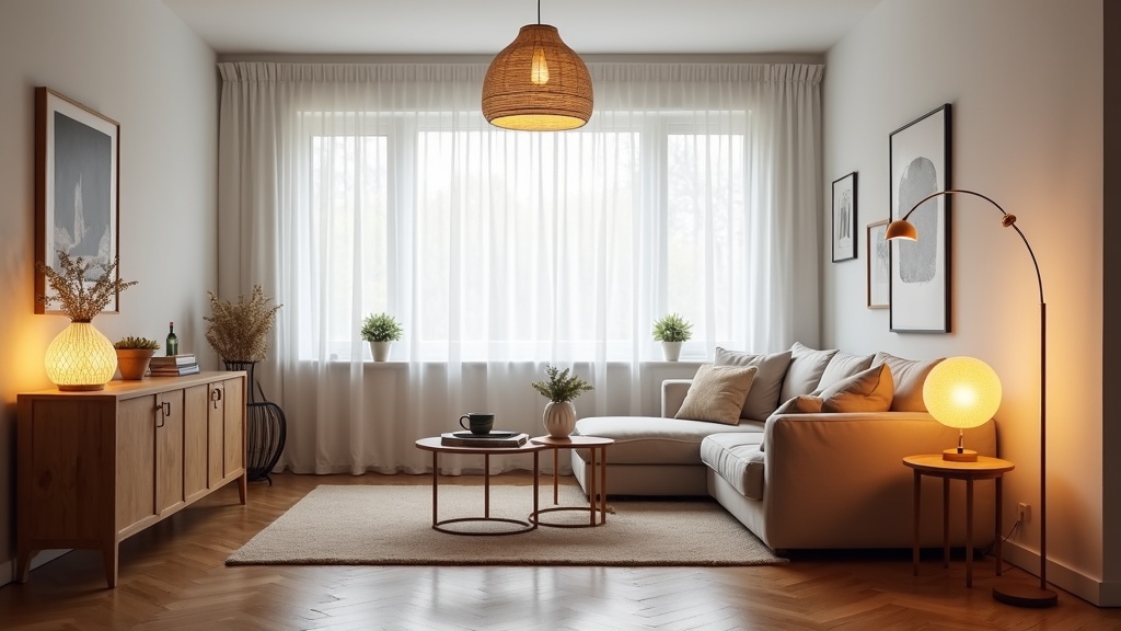 Layered lighting in a small apartment showing three light sources creating depth and warmth