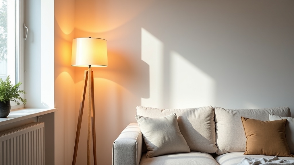 Small apartment lit with warm layered lighting creating a sense of space and calm