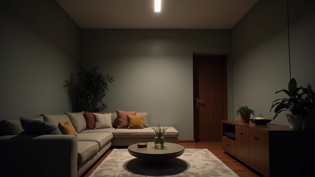 Small living room with single overhead light making the space feel cramped and flat