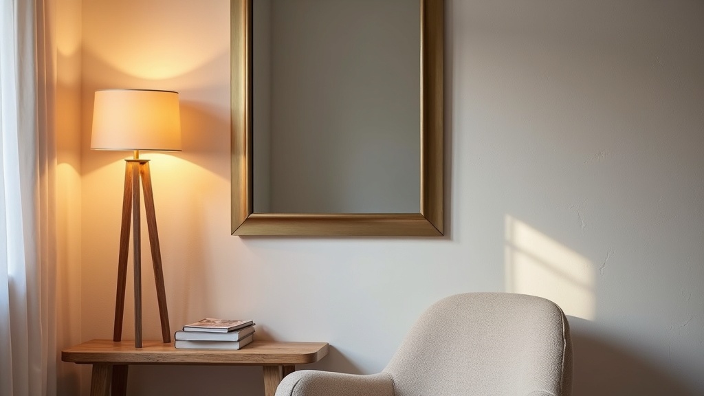 Wall sconce paired with a brass-framed mirror reflecting warm light in a reading corner