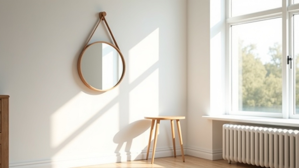 Round oak-framed mirror reflecting natural window light in a bright Scandinavian living room