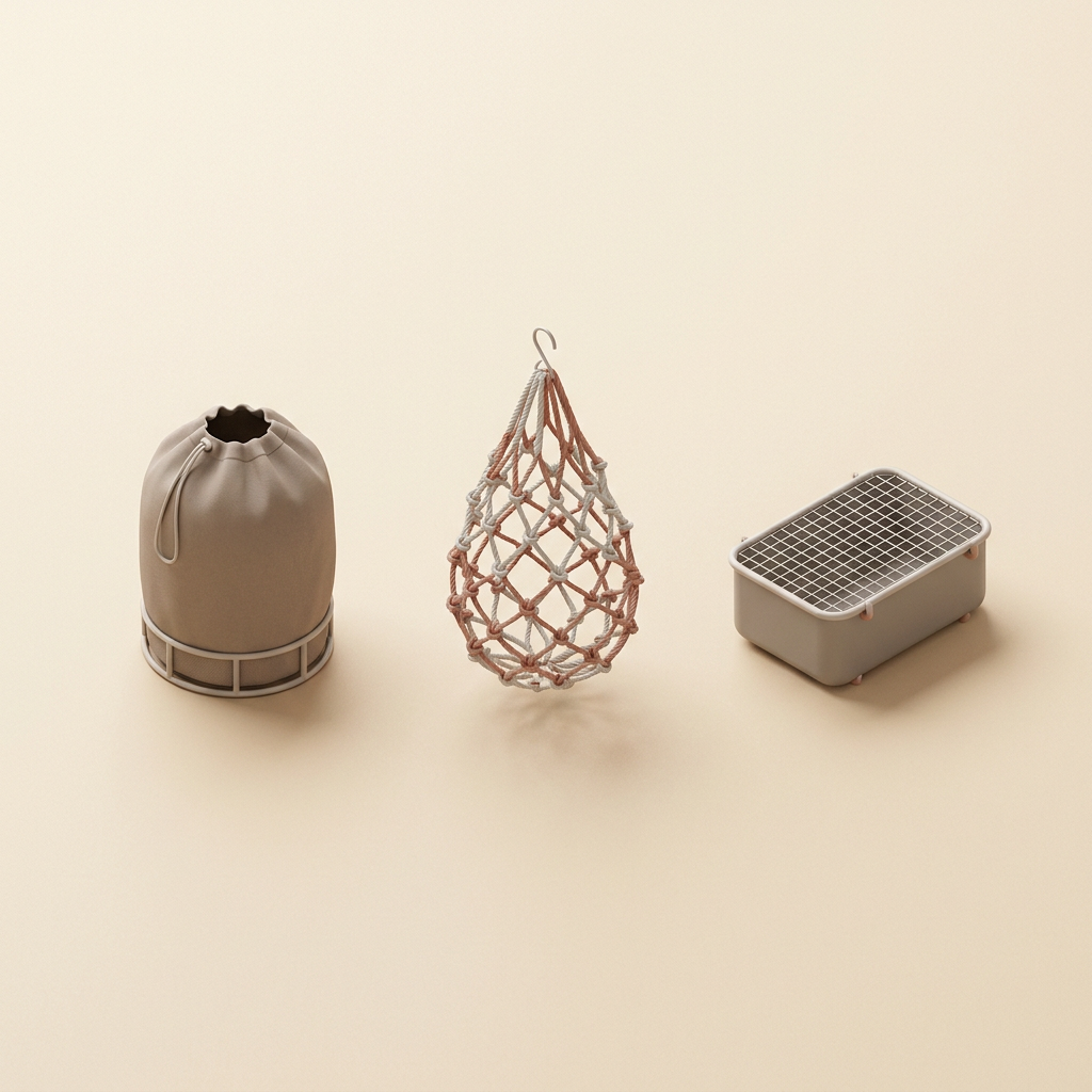 A comparison diagram showing three types of hay feeders side by side: hay bag, hay net, and slow feeder box, with their key differences illustrated through isometric 3D forms
