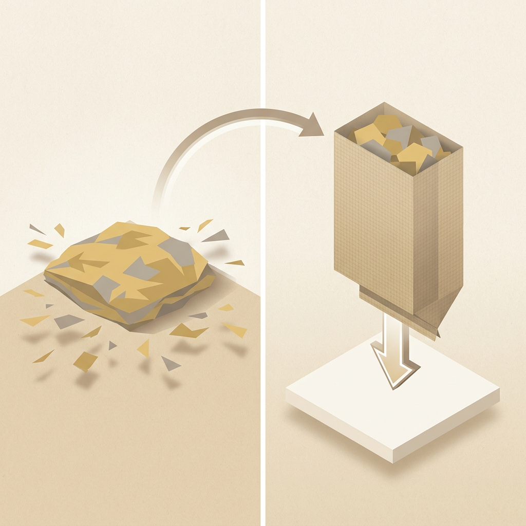 A process flow diagram showing how hay waste reduction works with a hay bag versus ground feeding, illustrated as a before-and-after flow using abstract geometric shapes