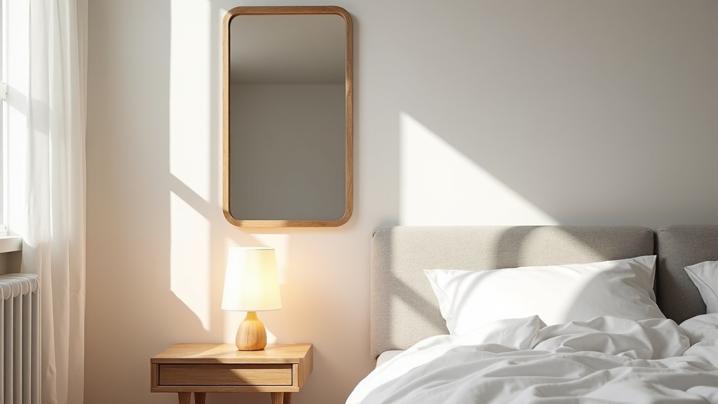 Bedroom mirror at window height beside a warm linen bedside lamp