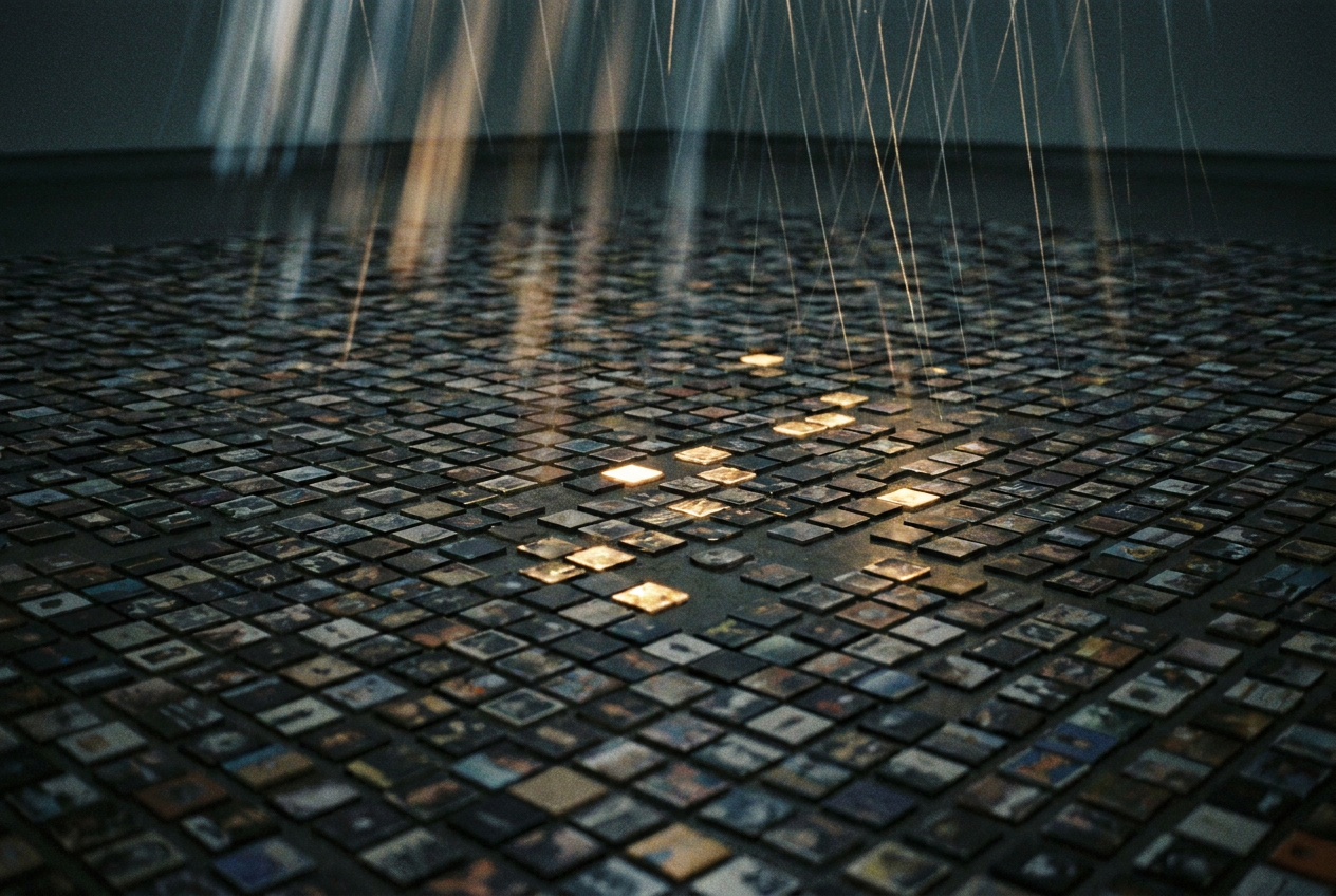 alt text for accessibility: A visualization of thousands of music tracks flooding into a streaming platform, with a small percentage highlighted as listened to.