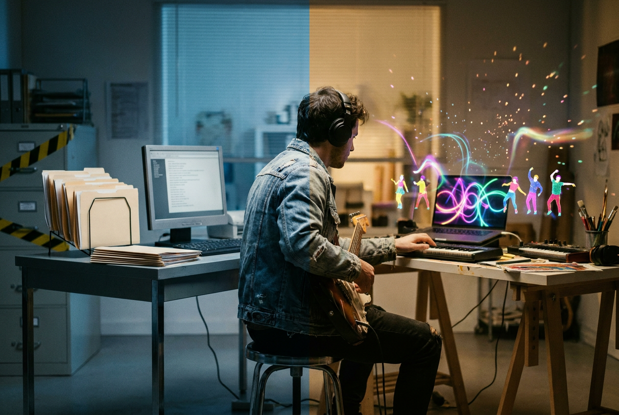 alt text for accessibility: A musician at a desk with a split screen showing two worlds — one side has regulatory documents and warning labels, the other side shows vibrant AI-generated music video scenes.
